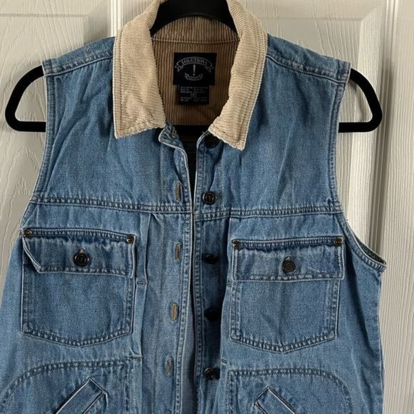 Vintage Solutions! Original Denim Jean Vest Corduroy Collar, Sz Small - Picture 2 of 16
